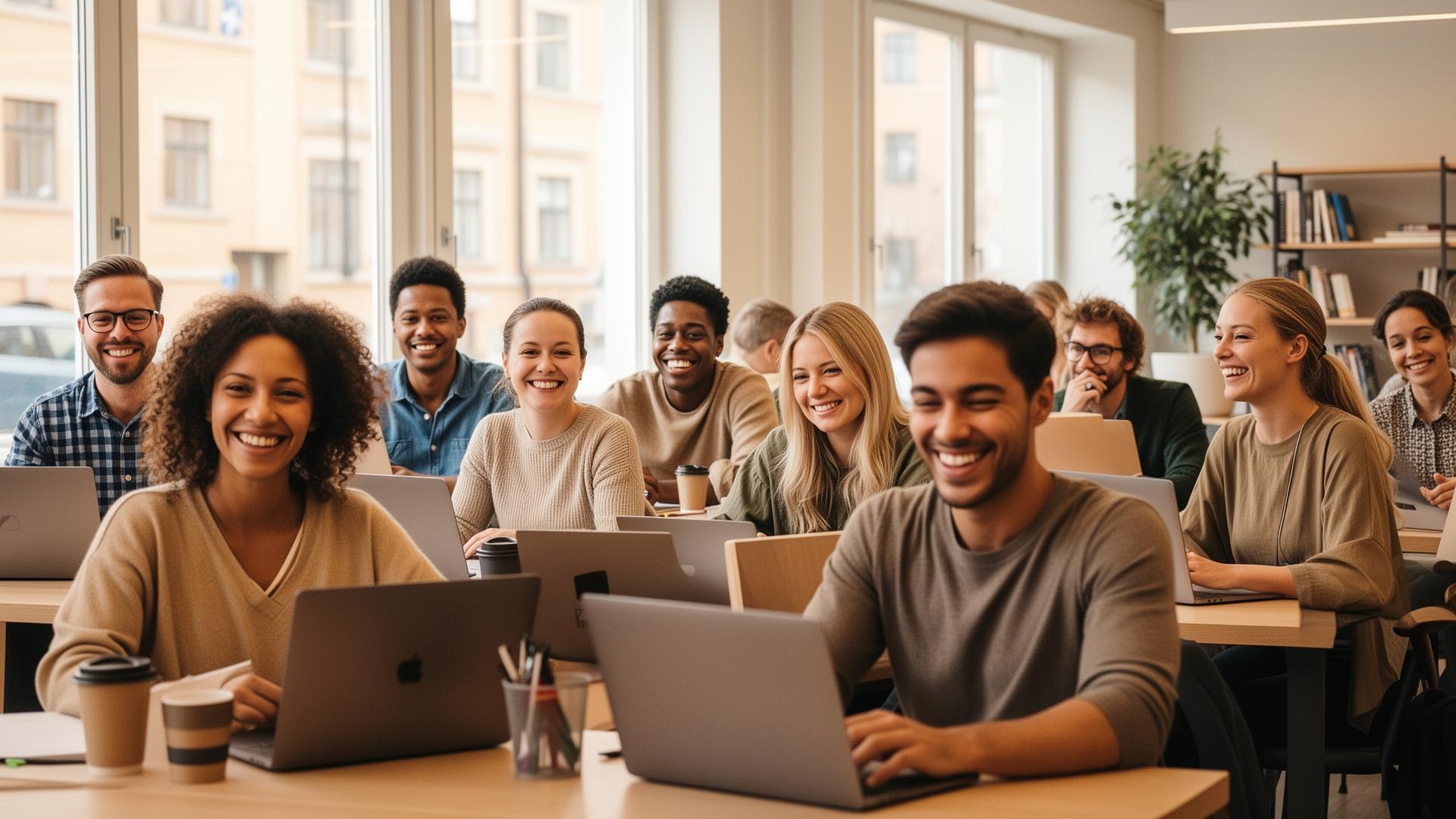 Mångkulturell grupp arbetssökande lär sig med laptops i ljust svenskt utbildningscenter